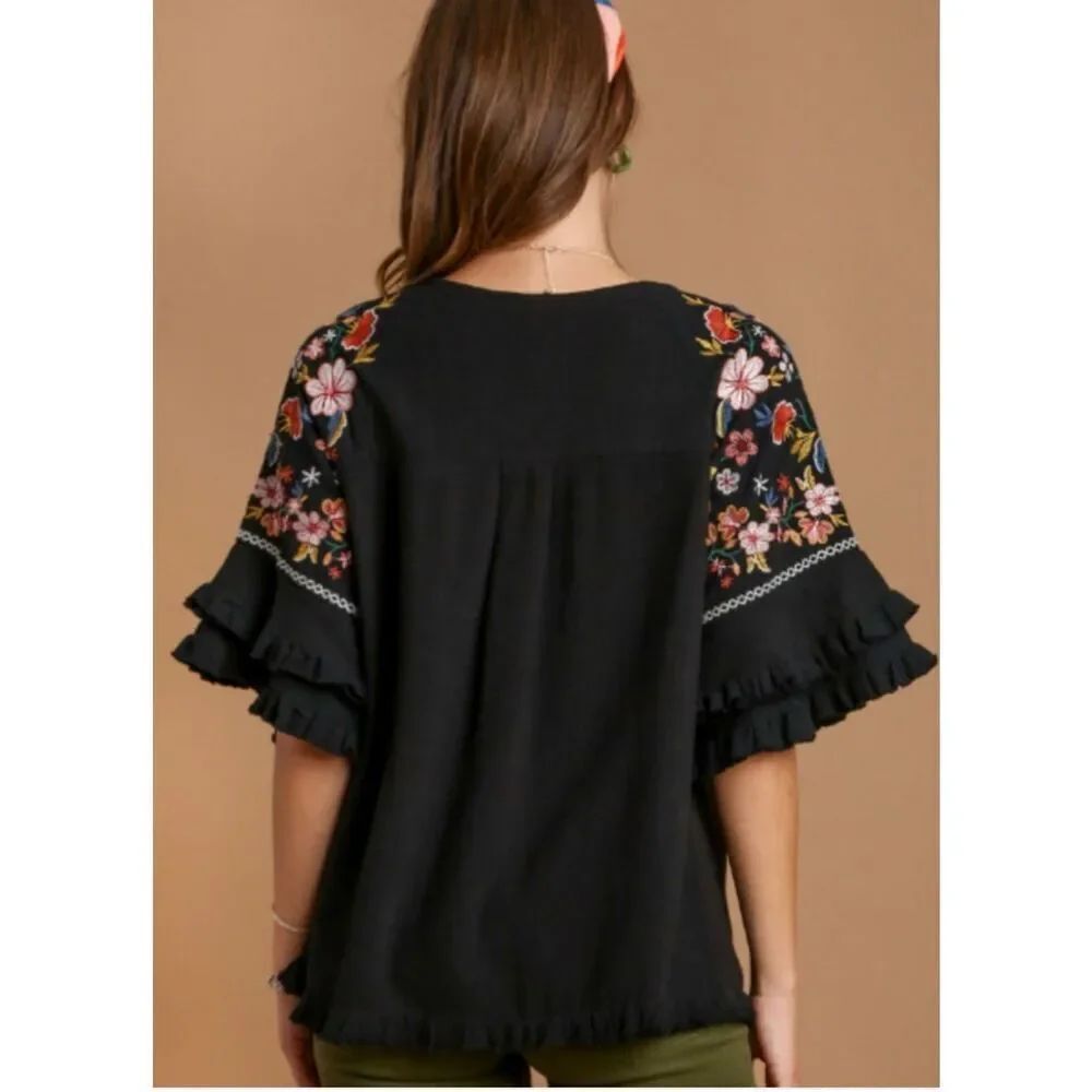 Umgee  double Ruffle sleeve Embroidered top M - Picture 7 of 10